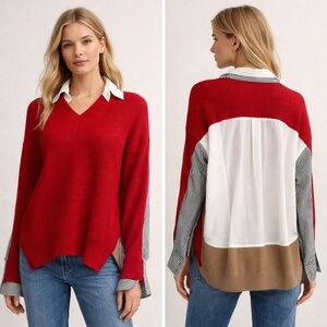 Undercover Jun Takahashi Layered Shirt Sweater Red Colorblock Striped Sleeves